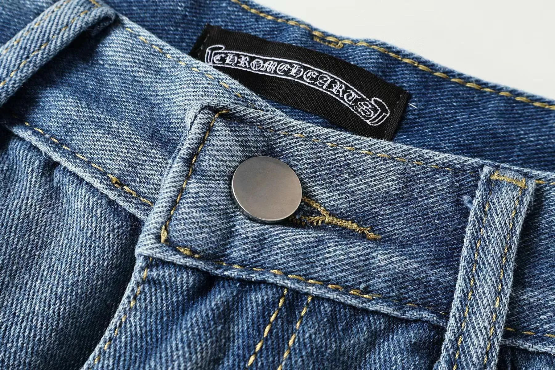 P270 Chrome Hearts/Chrome Hearts Classic Color Leather Cross Washed Color Fabric Unisex Denim Trousers Color: Picture Color Code Number: 28-36